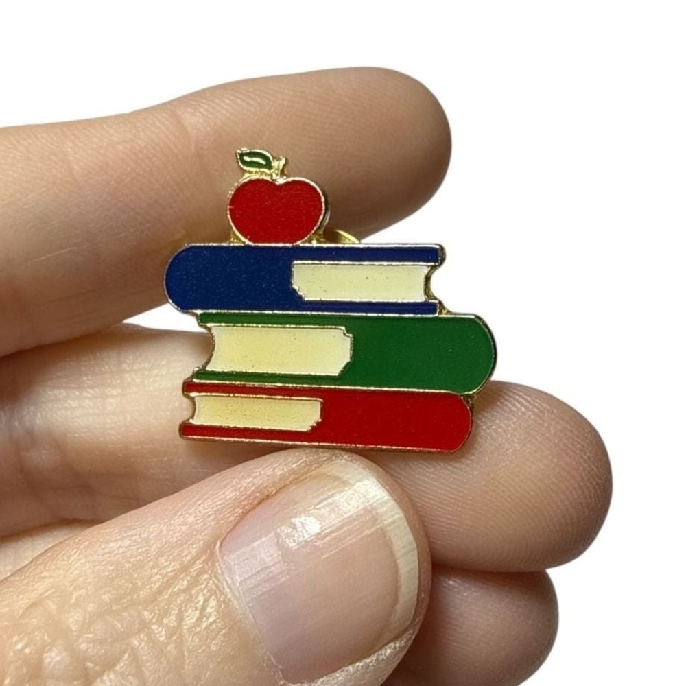 Vintage School Books and Apple Enamel Lapel Pin 1989 Teacher gift